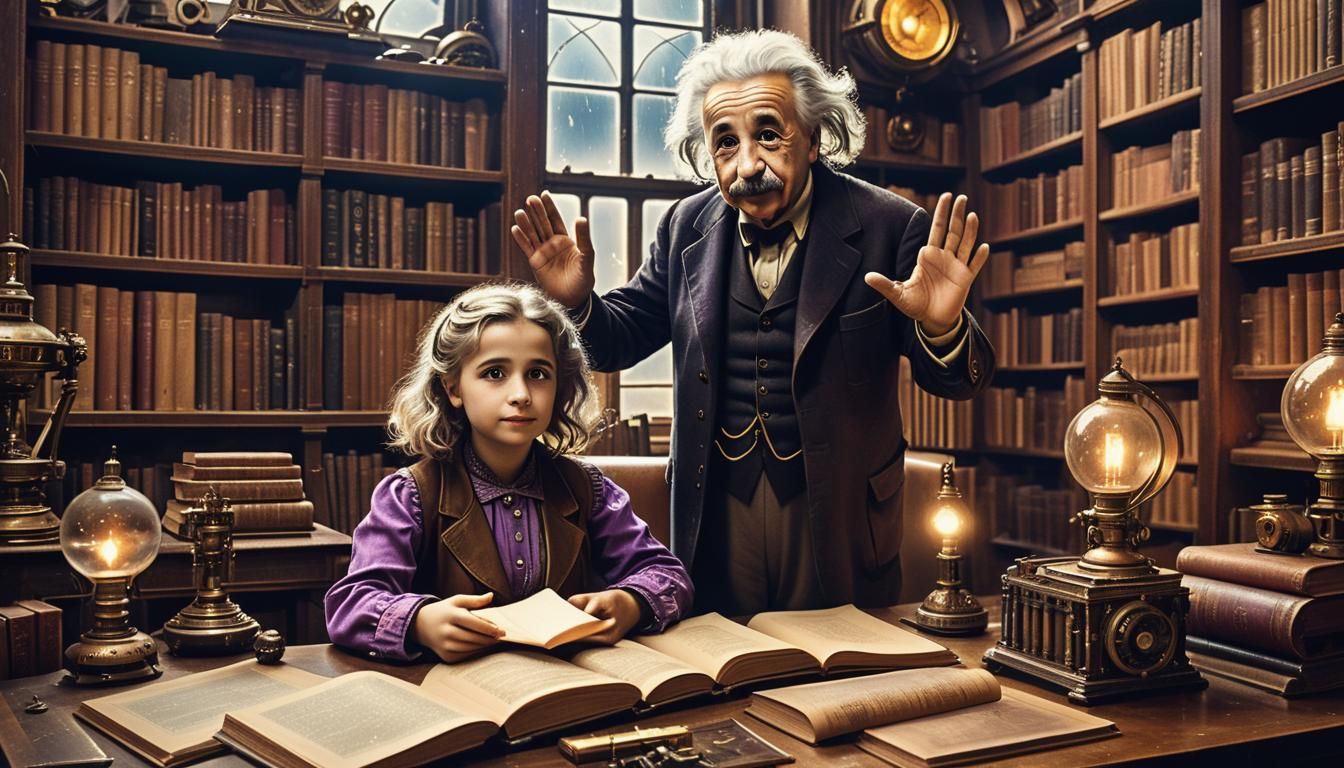 Einstein and Girl in Retrofuturistic Study