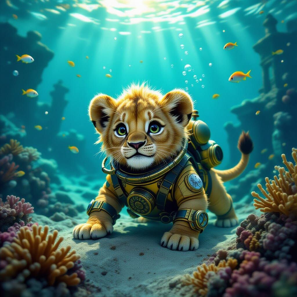 Steampunk Lion Cub Explores Sunken City