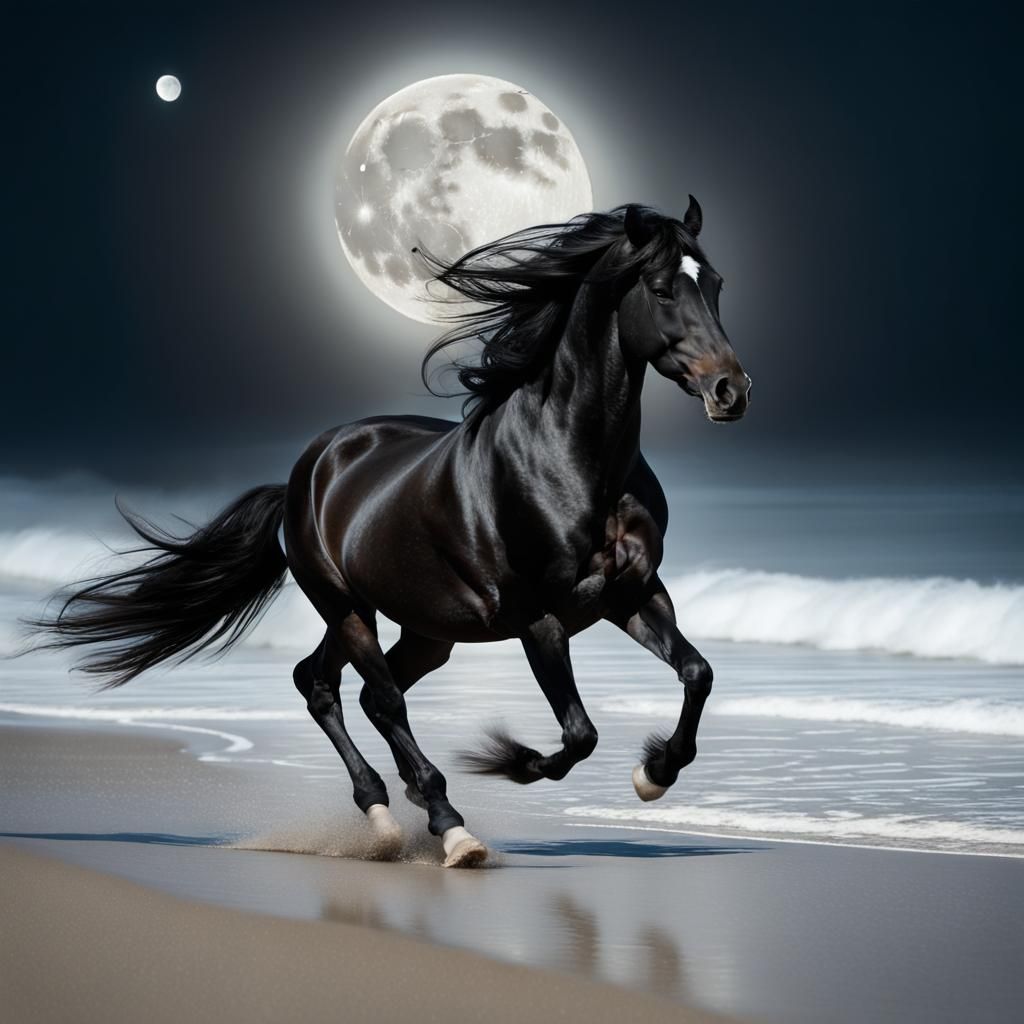 Friesian Horse Running on Beach at Night