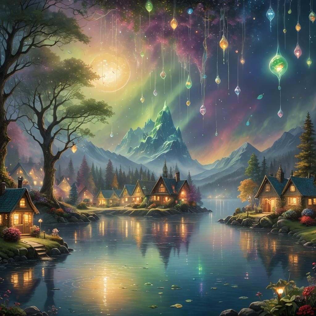 Town Inside Water Drop with Aurora Lights