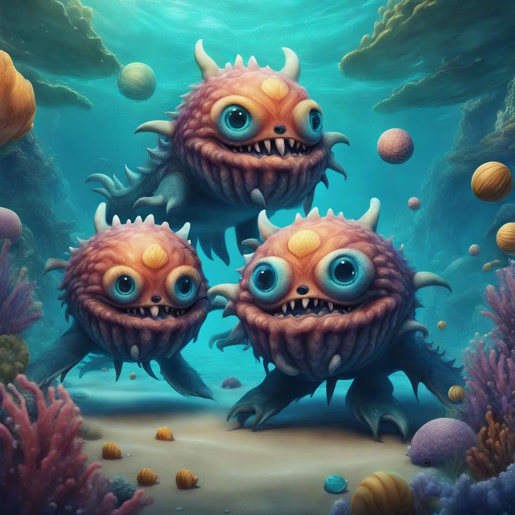 Two-Headed Sea Monster Playing Volleyball