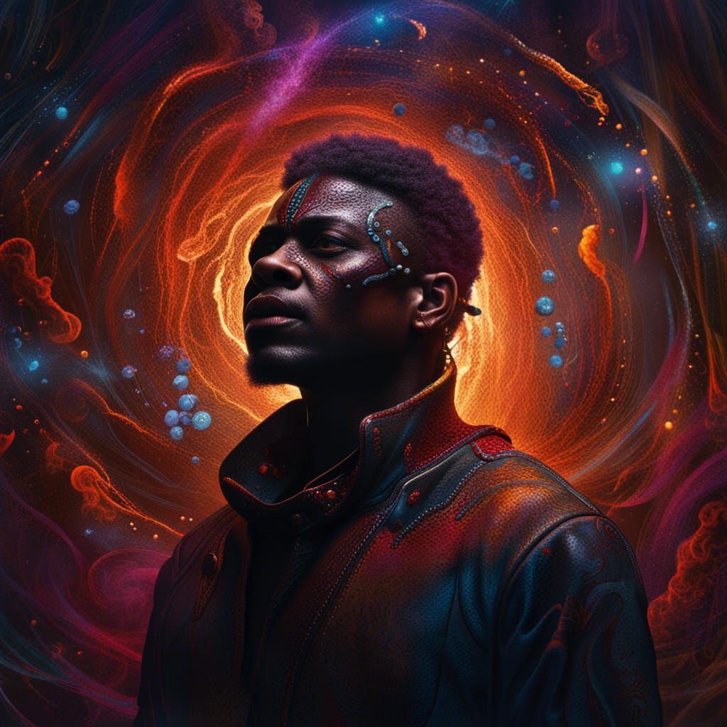 Man Surrounded by Light and Paint, Detailed Matte Painting