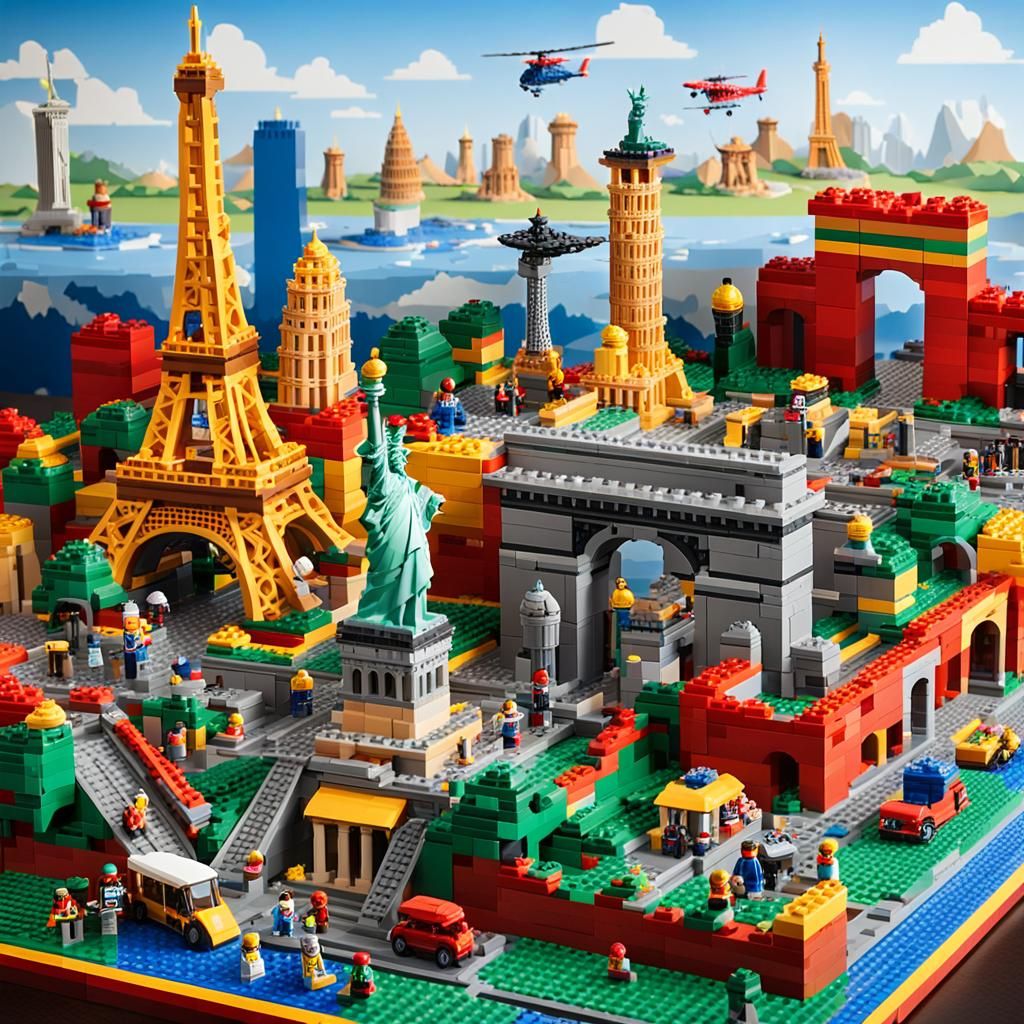 Colorful LEGO Brick Cityscape with World Landmarks