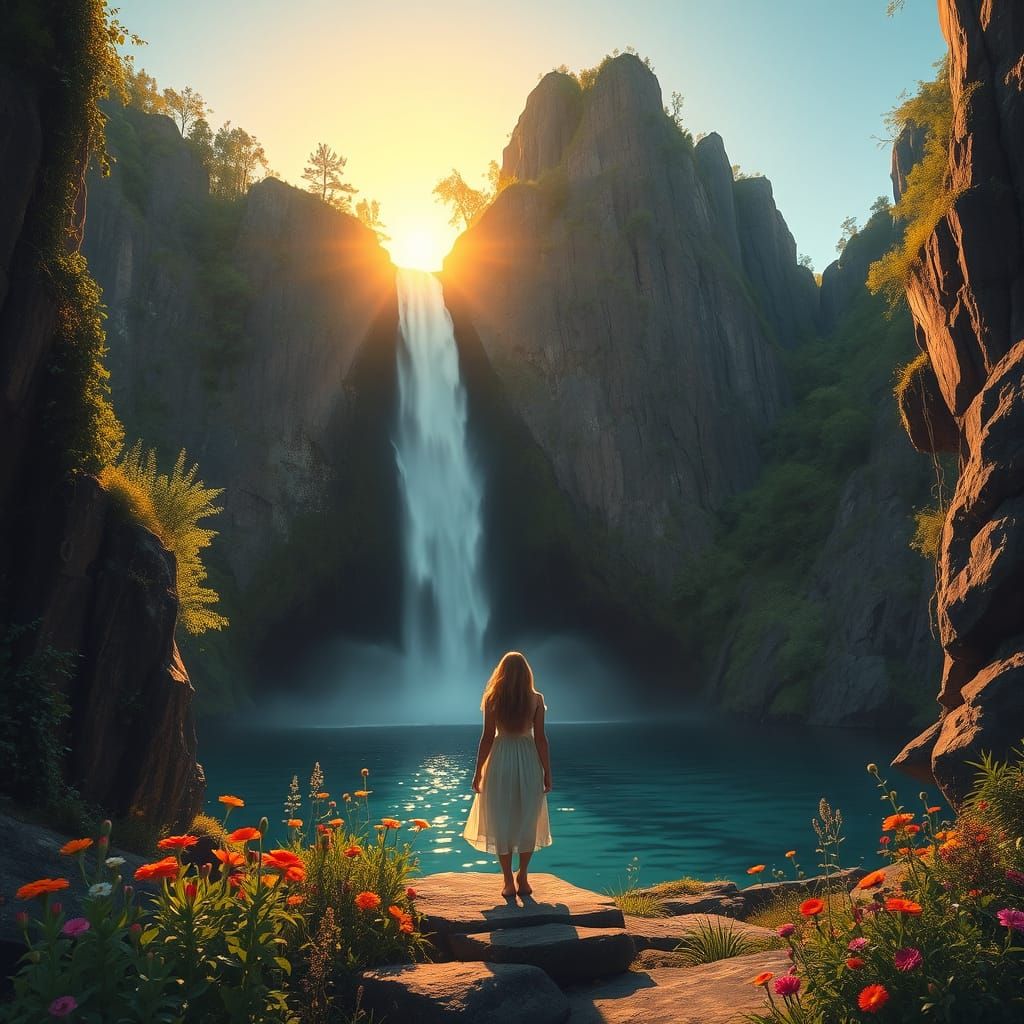 A Hidden Waterfall Scene in a Romantic Landscape Style