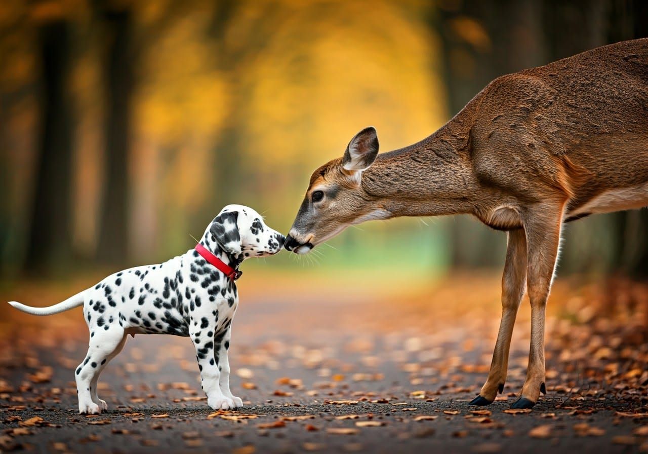 Dalmatian Puppy Greets Deer in Autumn Forest