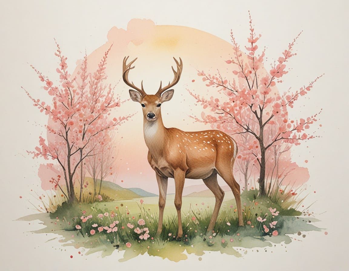Serene Deer in Cherry Blossom Meadow at Dawn