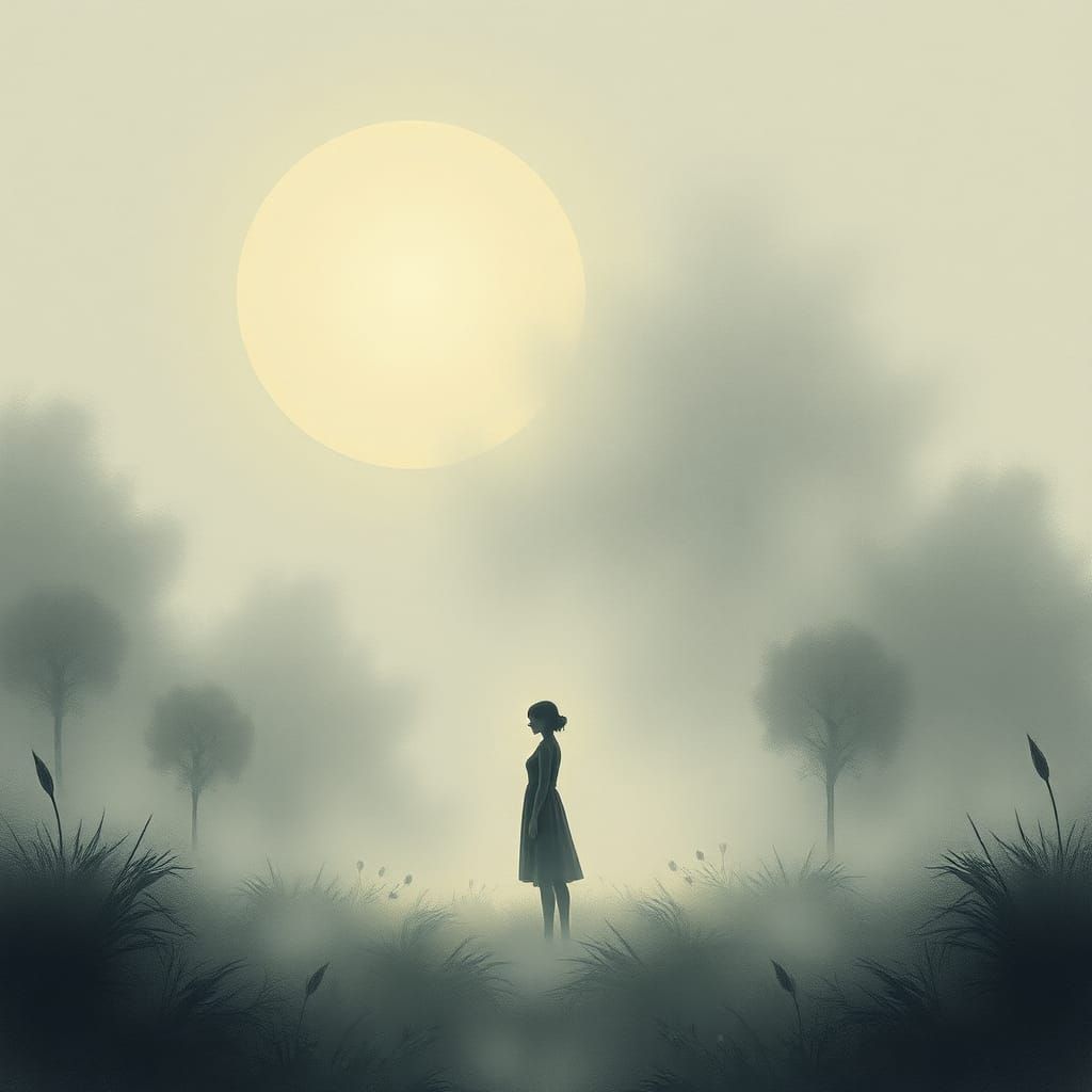 Moonlit Figure in Garden of Faded Memories