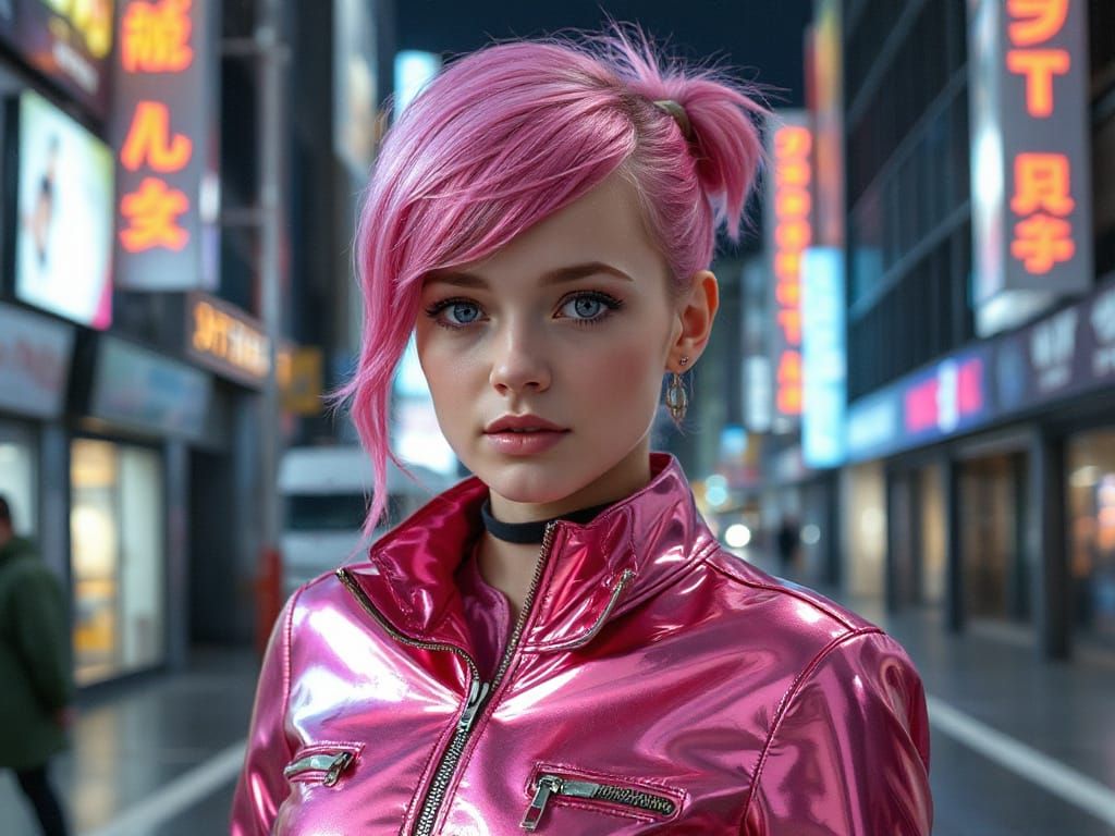 Pink-Haired Woman in Sci-Fi Cityscape