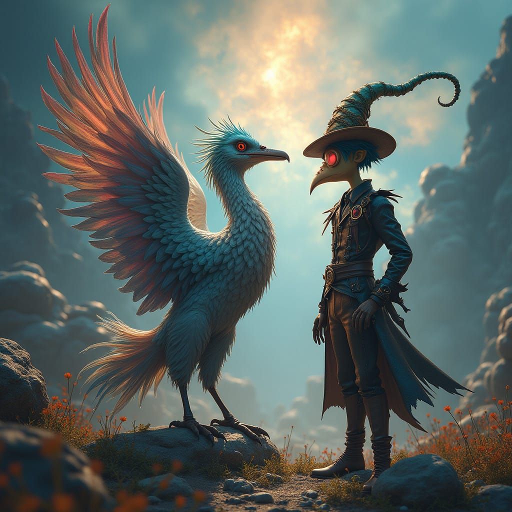 Majestic Bird and Whimsical Inventor Unite in Dreamlike Real...