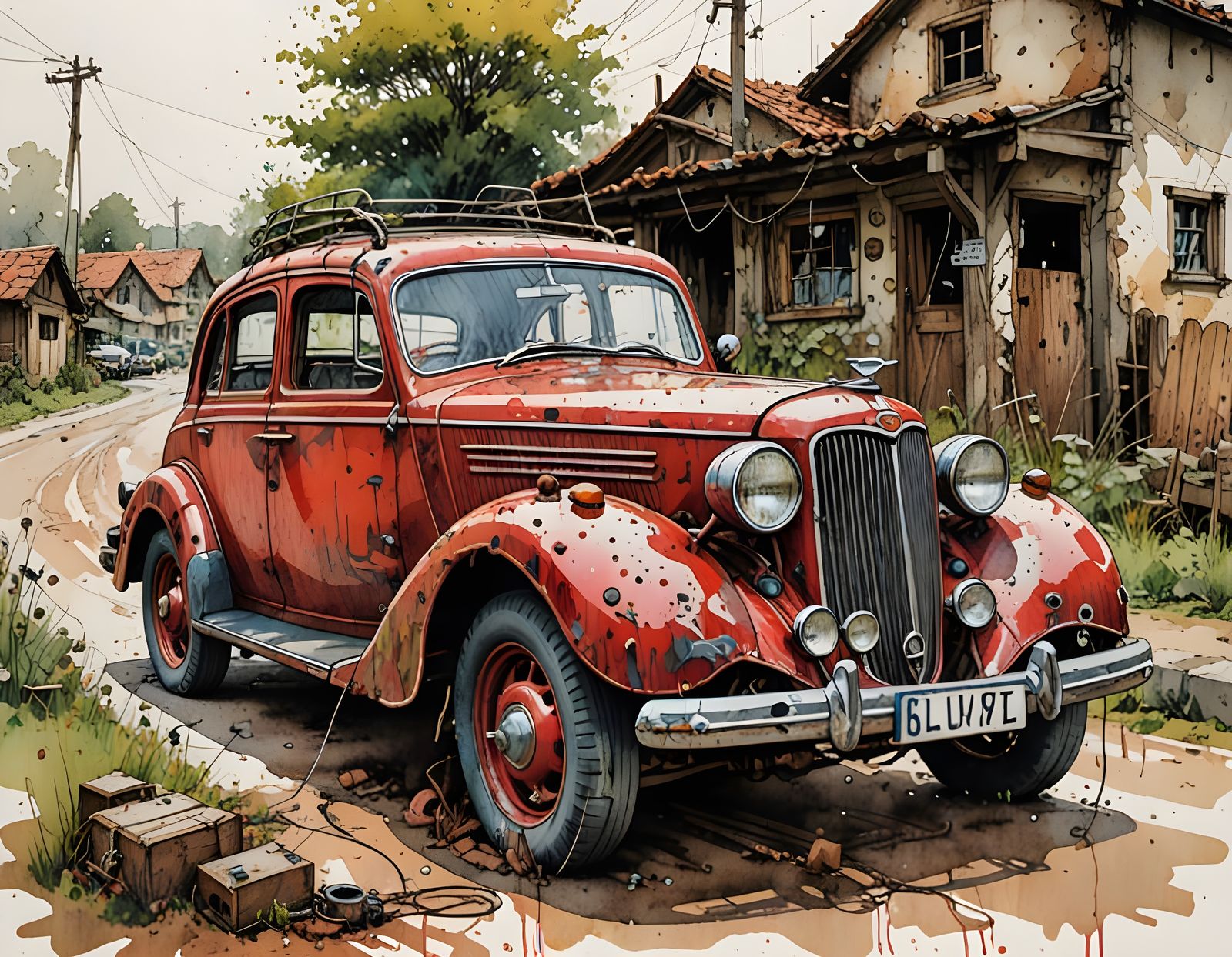 Dilapidated Vintage Car in a Whimsical Village