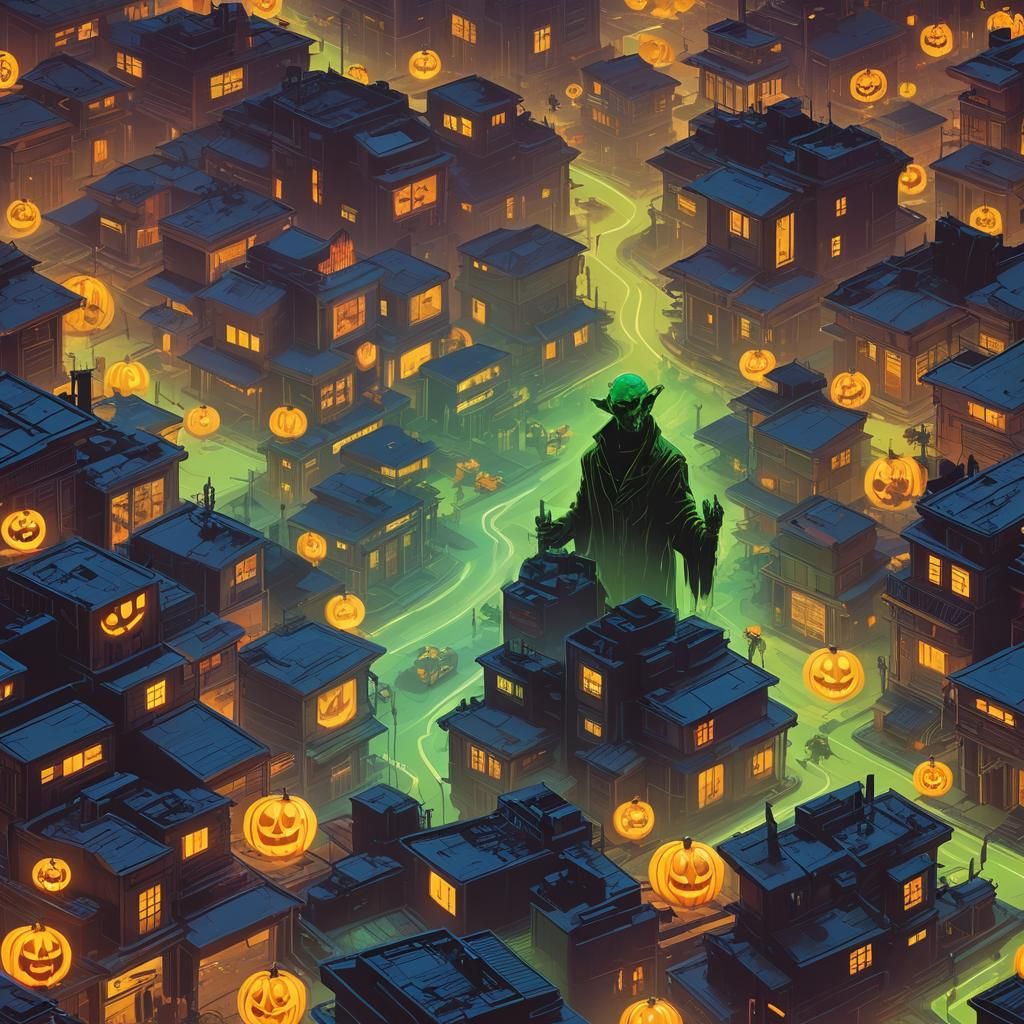 Grinch in Cyberpunk Halloween Neighborhood with Neon Mist
