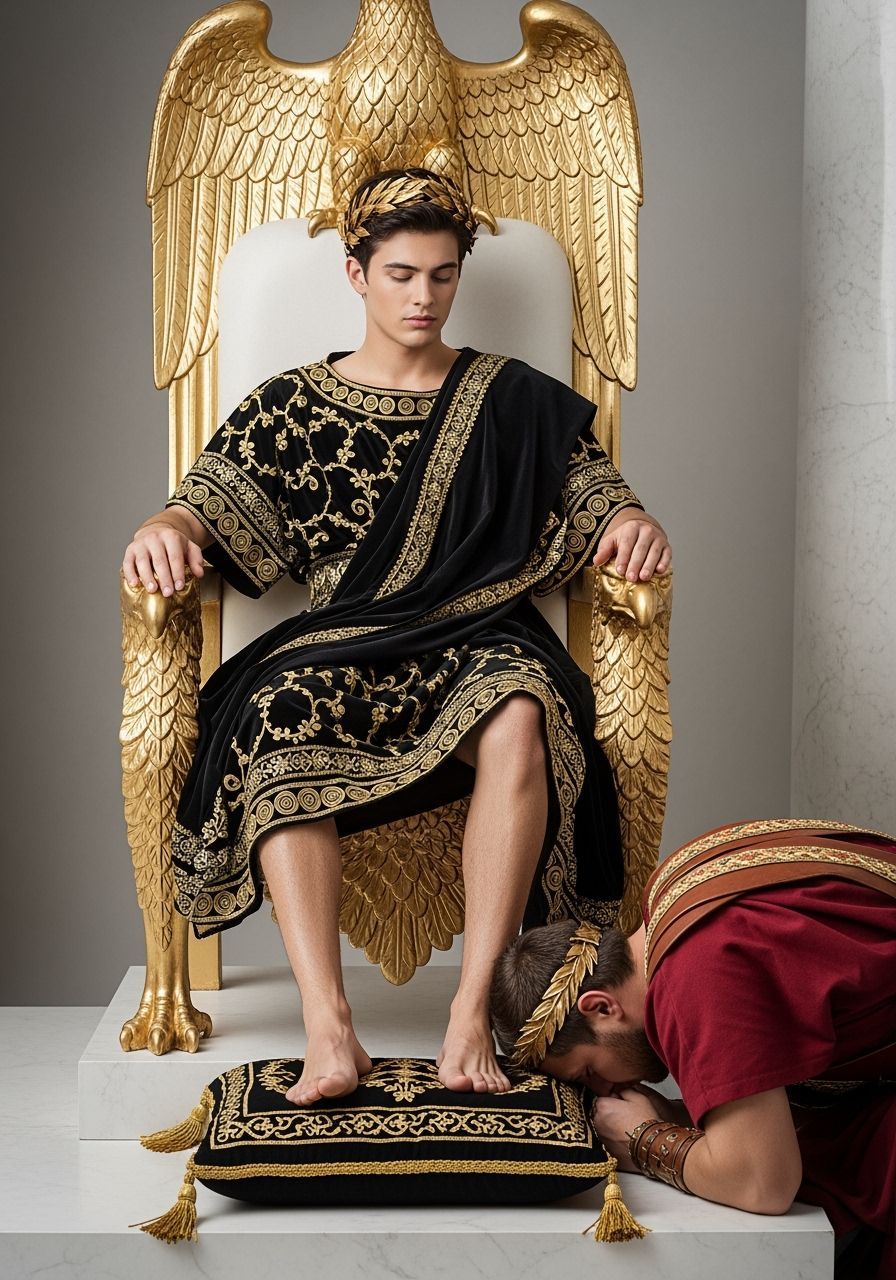 Regal Roman Emperor on Eagle Throne in Opulent Scene
