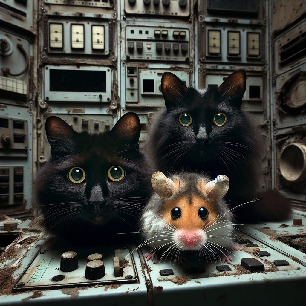 Cats and Fuzzy Rodent in Abandoned Space Station