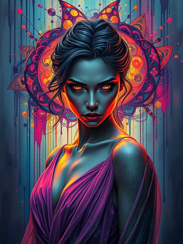 Mysterious woman with glowing eyes in graffiti style