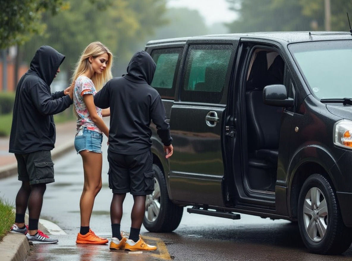 Woman Confronted by Van on Rainy Street Corner