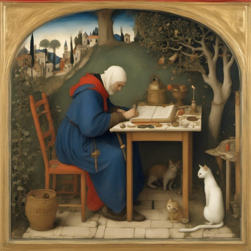 Monk Writes Manuscript with Cat Companion