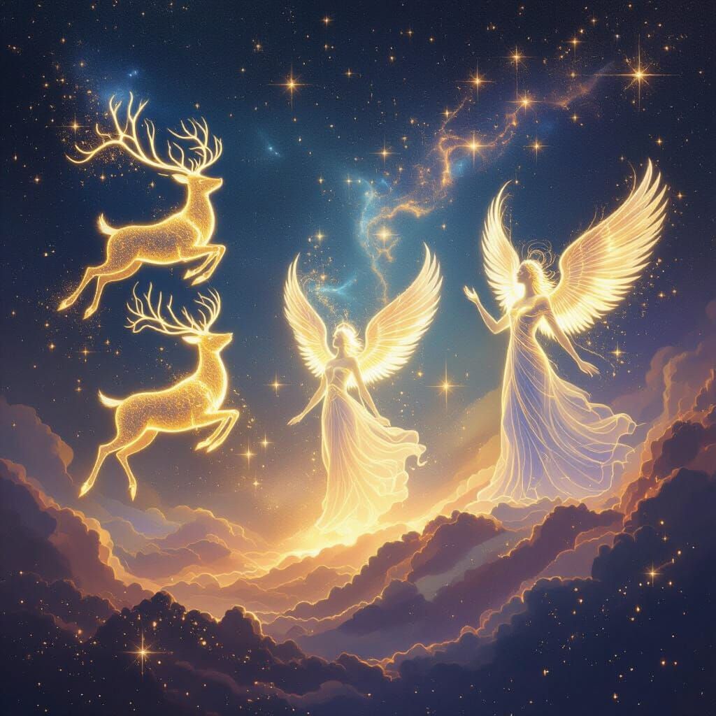 Cosmic Constellations: Stag, Winged Creature, and Female Fig...