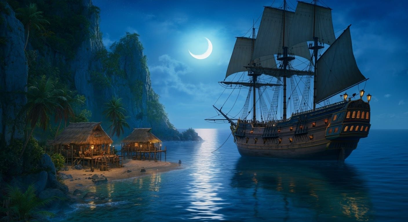 Golden Age Pirate Galleon Anchored in Secluded Caribbean Cov...