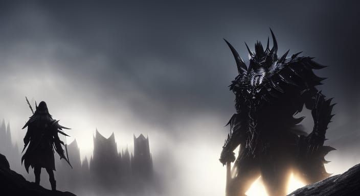 Ethereal Black Monster in Dark Fantasy Landscape