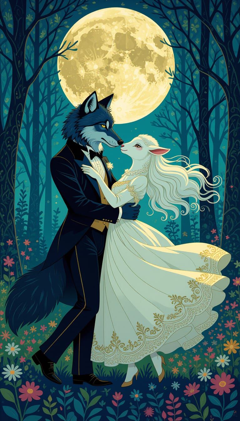 Wolf and Lamb Dance in Whimsical Forest