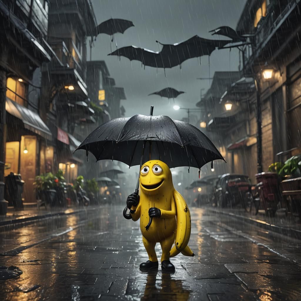 Sad Banana Walking in the Rain with Umbrella