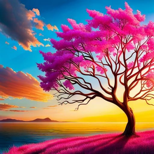 Exquisite Cherry Tree in Bloom: A Detailed Painting