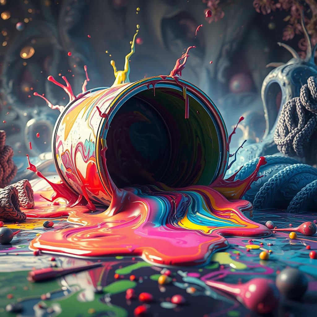 Majestic Paint Can Explosion in a Fantastical Landscape