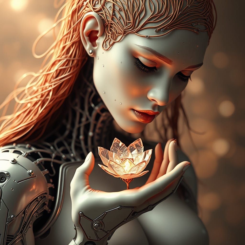 Gentle Cyborg Goddess with Copper Hair and Crystal Flower