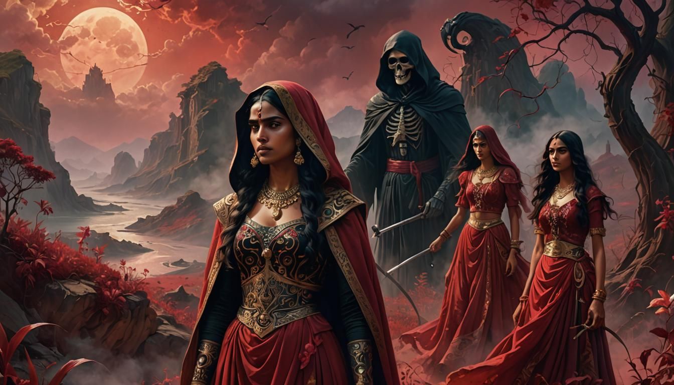 Maiden and Grim Reaper in Dreamlike Landscape