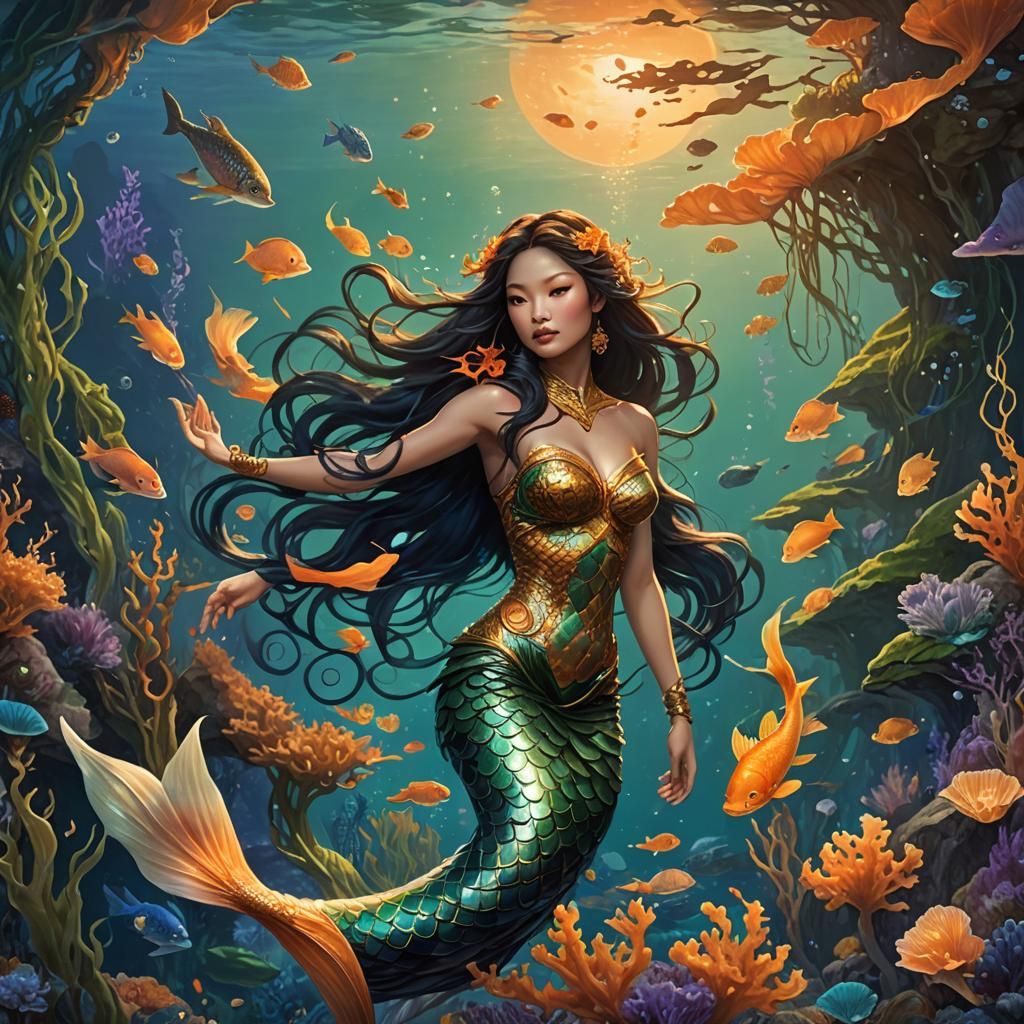 Mystical Asian Mermaid in Bioluminescent Ocean