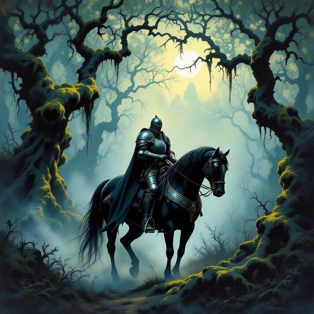 Twilight Knight in Ancient Forest, Fantasy Oil Painting