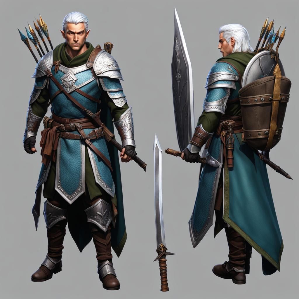 Silver-Haired Elf Ranger with Katana and Bow