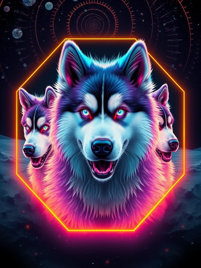 Neon Malamutes in Hyperrealistic Portraits