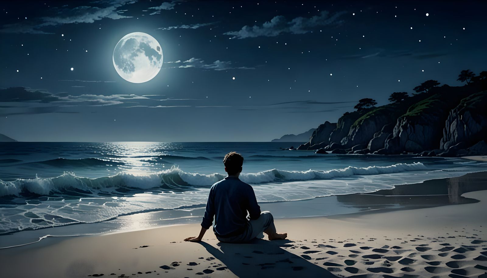 Tranquil Ocean Beach at Night in Blue Ink