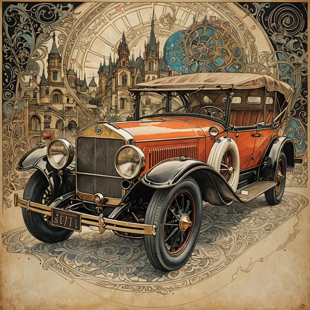 Antique Car Illustration in Art Nouveau Style