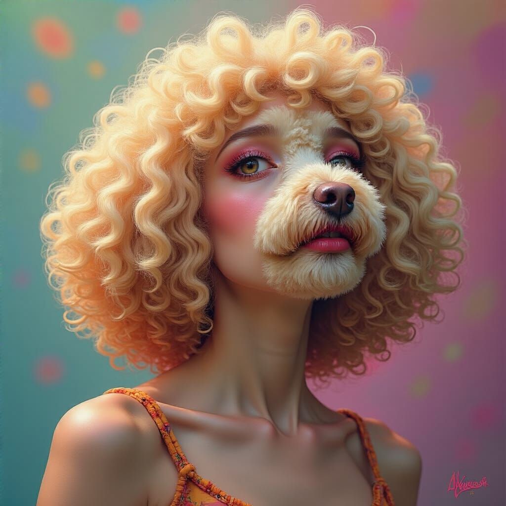 Hyperrealistic Woman-Poodle Hybrid in Colorful Digital Paint...