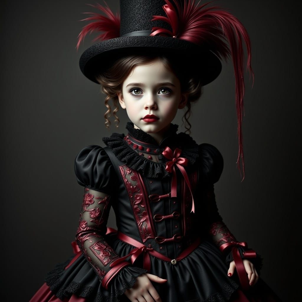 <lora:Flux Hyperreal:1.0> A young, pale-skinned gothic Victorian girl with a miniature top hat adorned with a crimson fe...