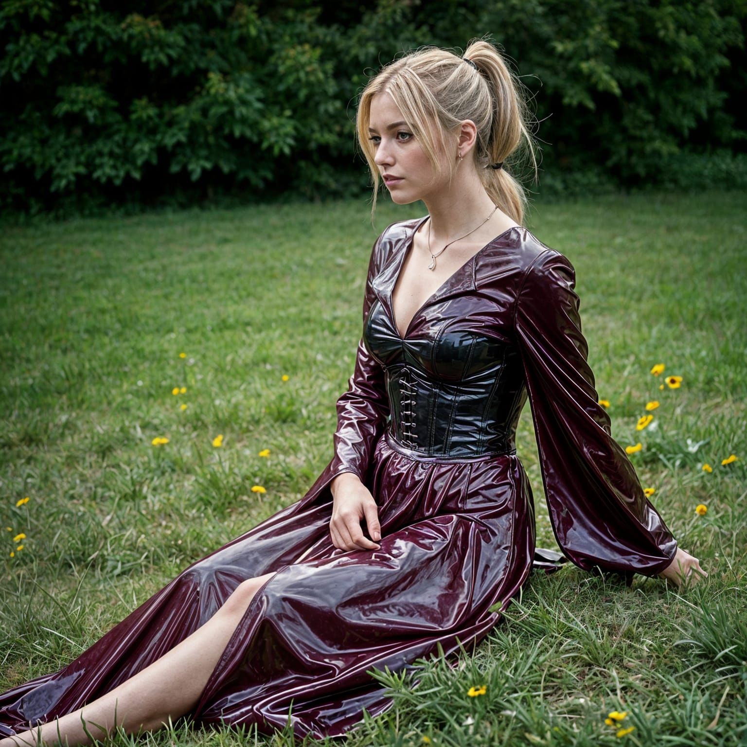 Woman in PVC Dress Sitting in Garden