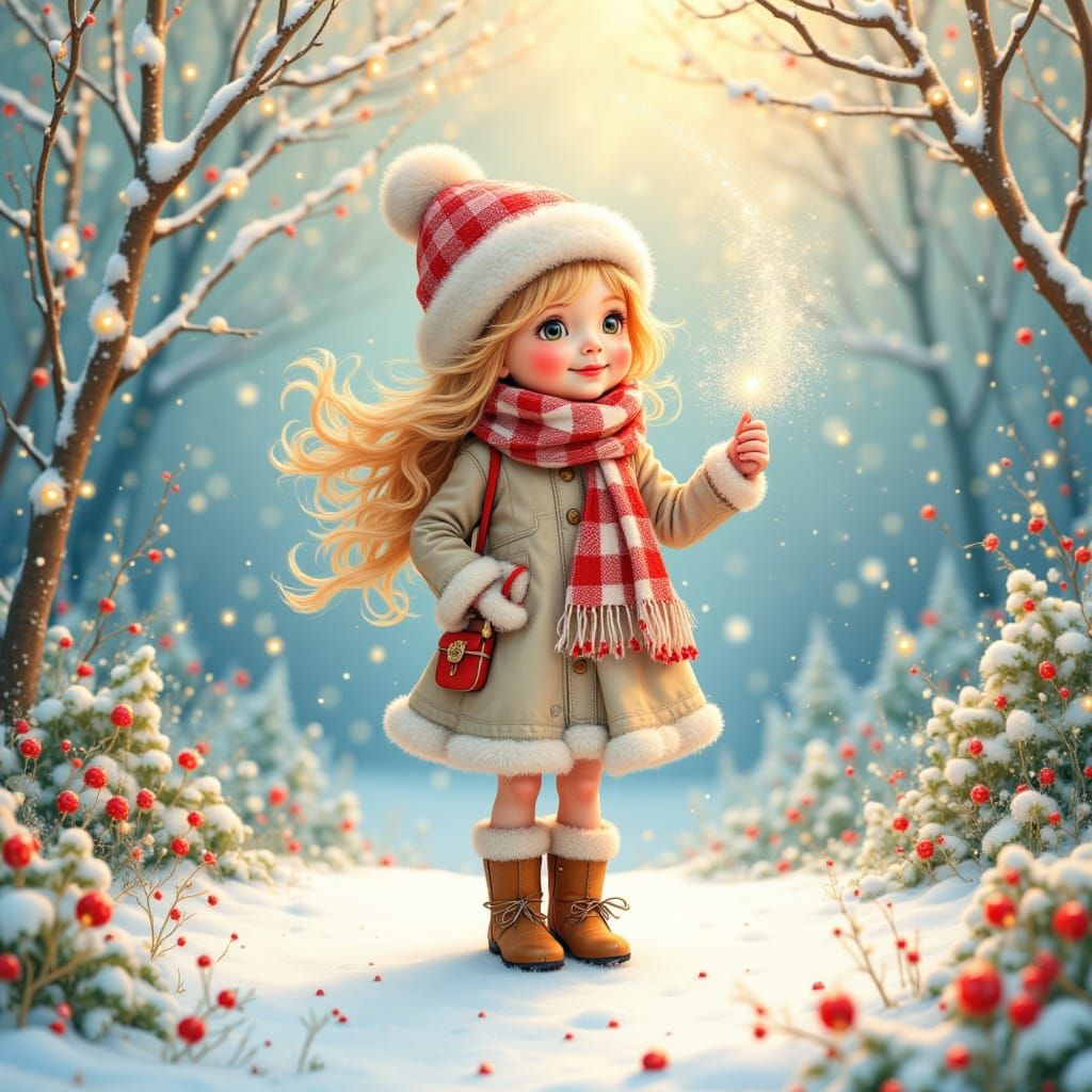 Pastel Christmas Girl in Snowy Garden, Watercolor Style