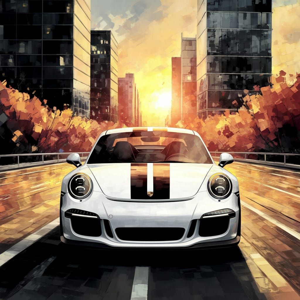 Gleaming White Porsche Speeds Down City Freeway at Sunset