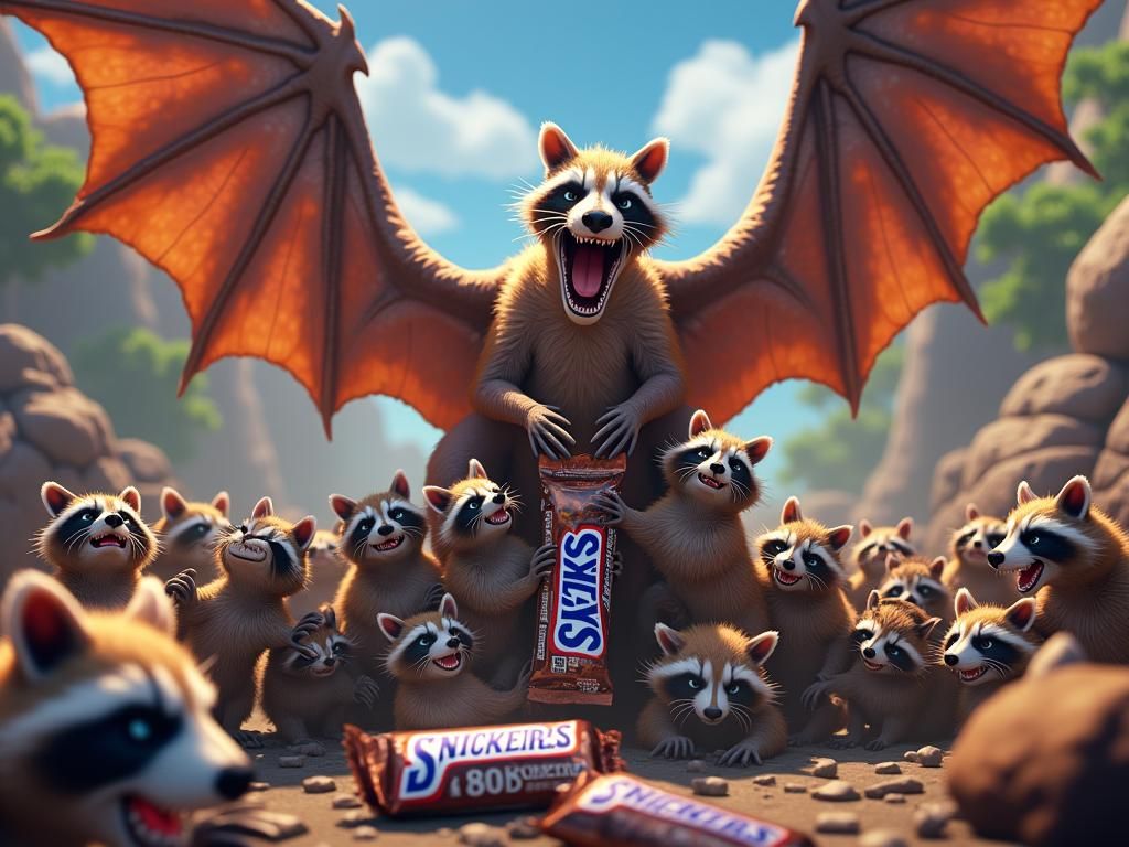 Pterodactyl vs Raccoons for Snickers Bar in Anime Style