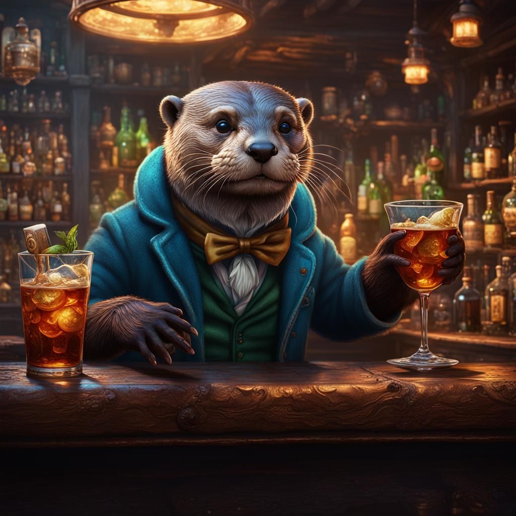 Otter Sipping Cocktail: Detailed Fantasy Art