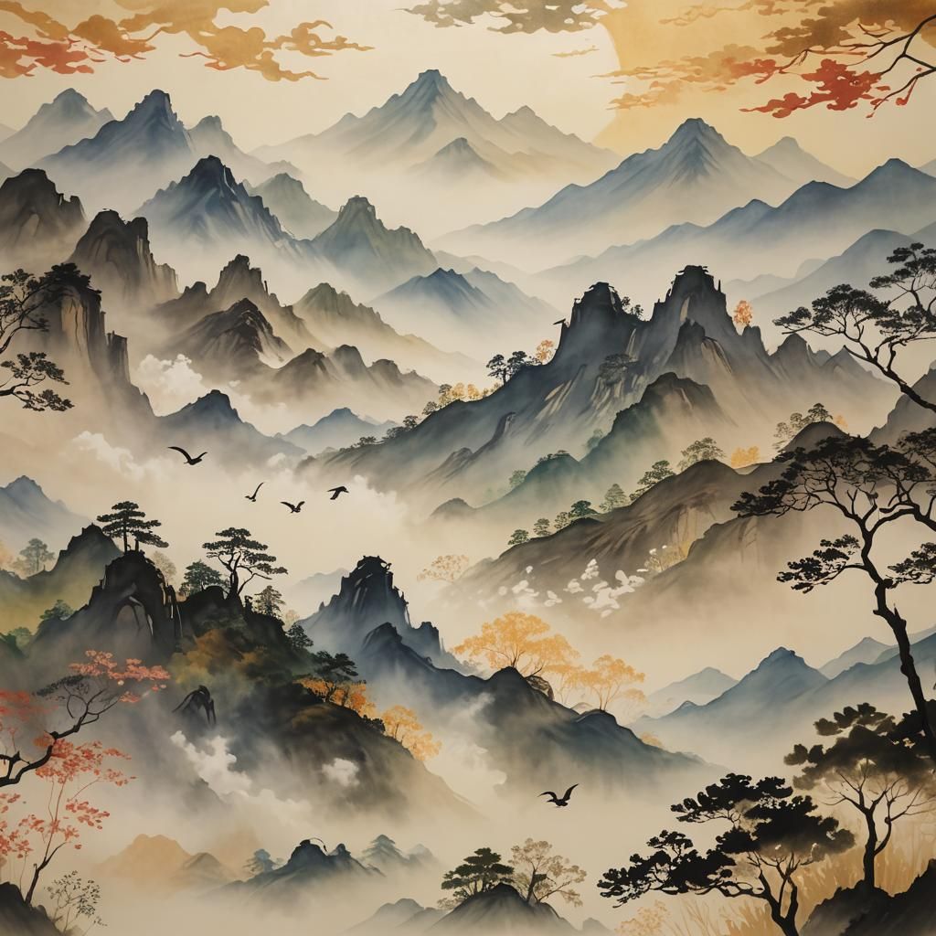 Chinese Shadow Puppetry Landscape in Impressionist Style