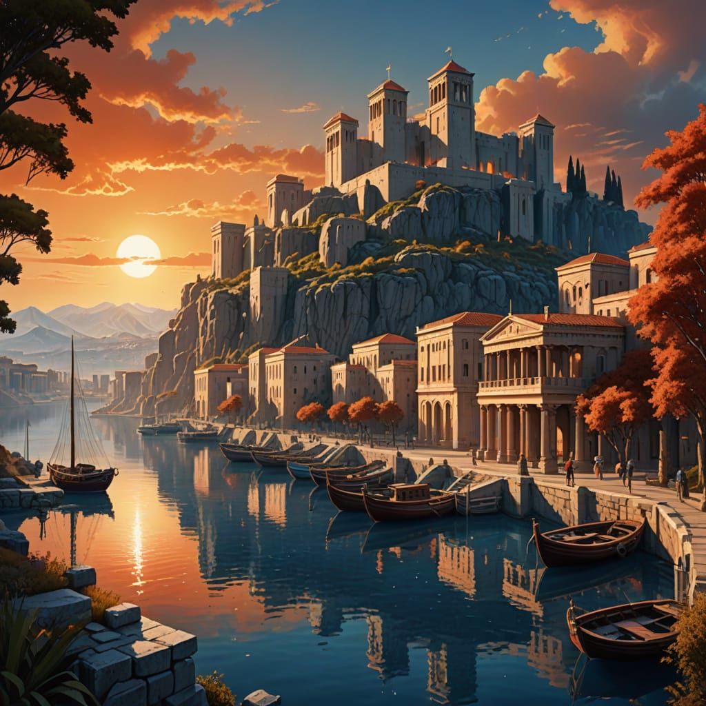 Ancient City in Flames, Golden Dawn Light, Greek Myth Digita...