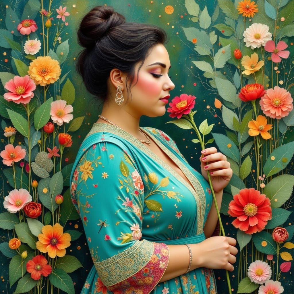 Teal Garden: Plus Size Model in Art Nouveau Style