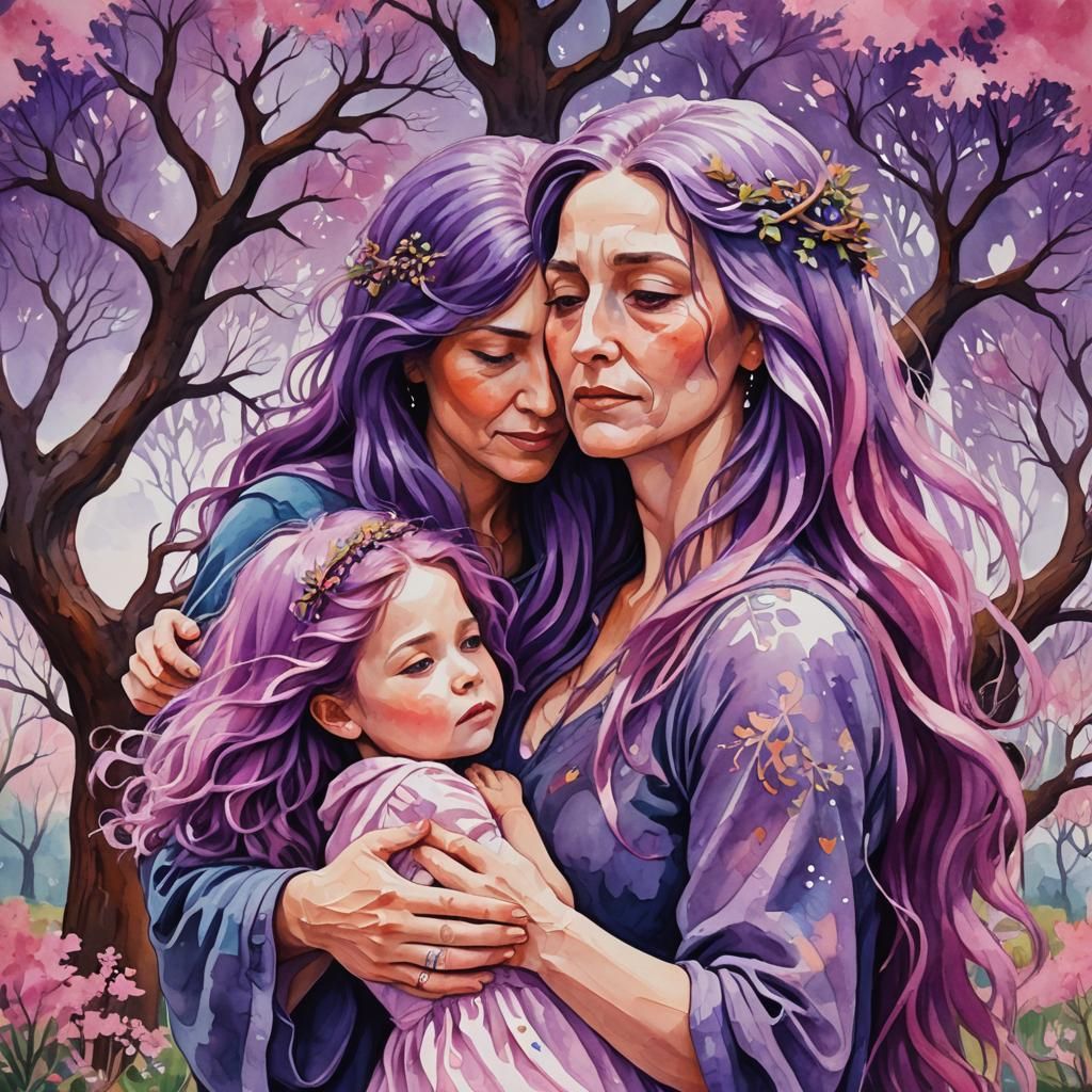 Touching Mother-Daughter Moment in Impressionist Gouache Sty...