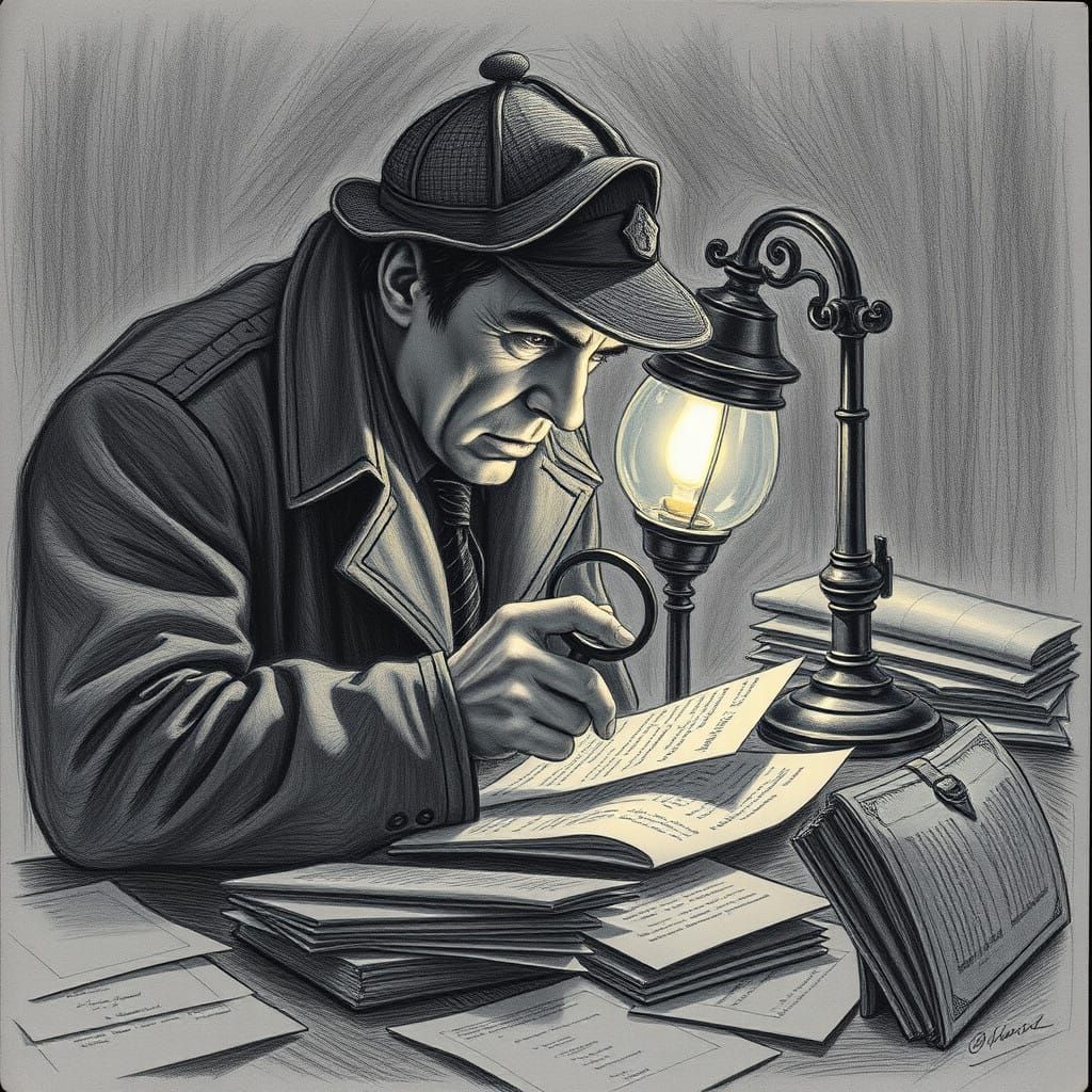 Sherlock Holmes Examines Cryptic Clue Under Flickering Gas L...