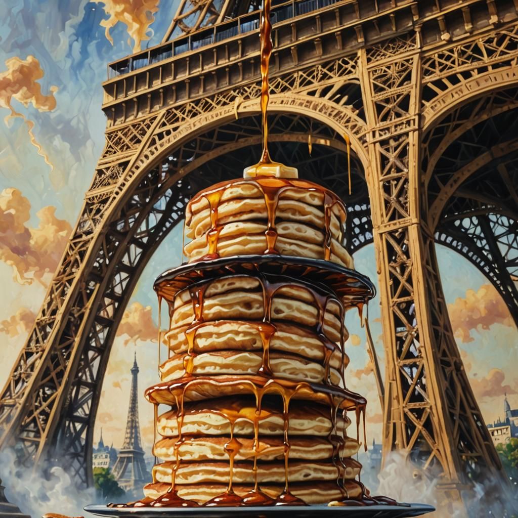 Pancakes Impaled on Eiffel Tower in Surreal Oil Painting