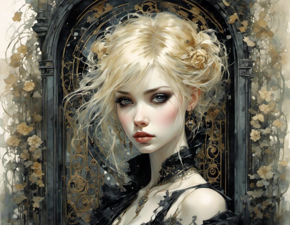 Gothic Art Nouveau Woman at Garden Gate