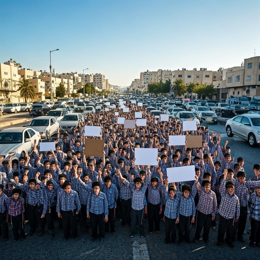 Ultra-Orthodox Children Block Road in Hyper-Realistic Style